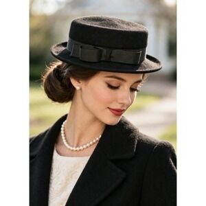 Vintage Merrimac Fur Felt Women's Hat Black Pillbox Breton Size 7 1/8 w/ Case